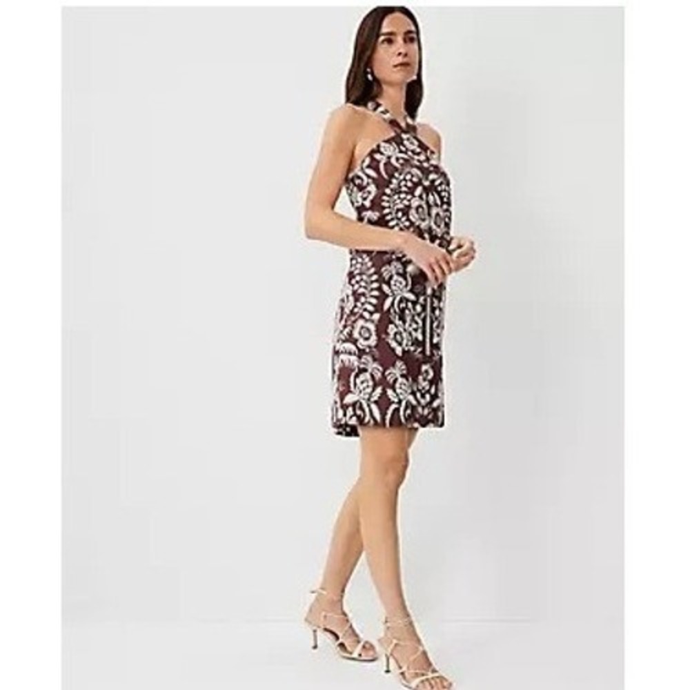 Ann Taylor Womens Mahogany Tropical Palm‎ Tree Halter Cotton Linen Dress Size 2P